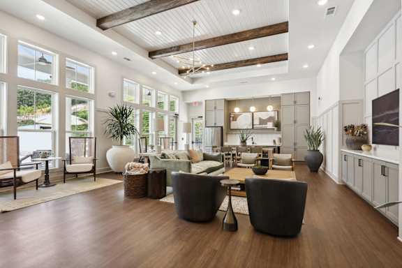 Living room with a high ceiling and wooden floors at Arcadia Cartersville Apartments, Cartersville, GA, 30121