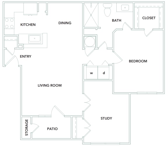 2 bedroom 1 bathroom 903 sq ft Floorplan at The Aster Sugar Land Apartments, Sugar Land, Texas