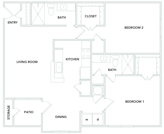 2 bedroom 2 bathroom 1143 sq ft Floorplan at The Aster Sugar Land Apartments, Sugar Land, Texas