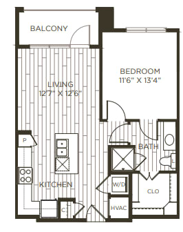 1 bedroom 1 bathroom floor plan A at Station at Old Town, Lewisville, TX