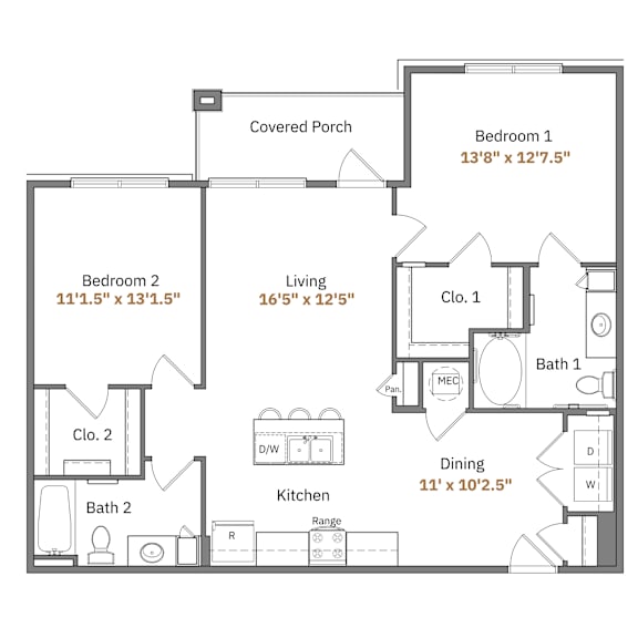 A floor plan of a house with a covered porch, two bedrooms, a living room, a dining area, two bathrooms, a kitchen, and two closets.