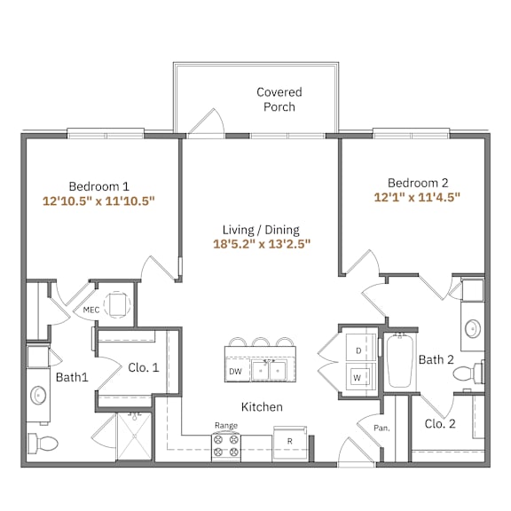 A floor plan of a house with two bedrooms, a living area, a kitchen, and two bathrooms.