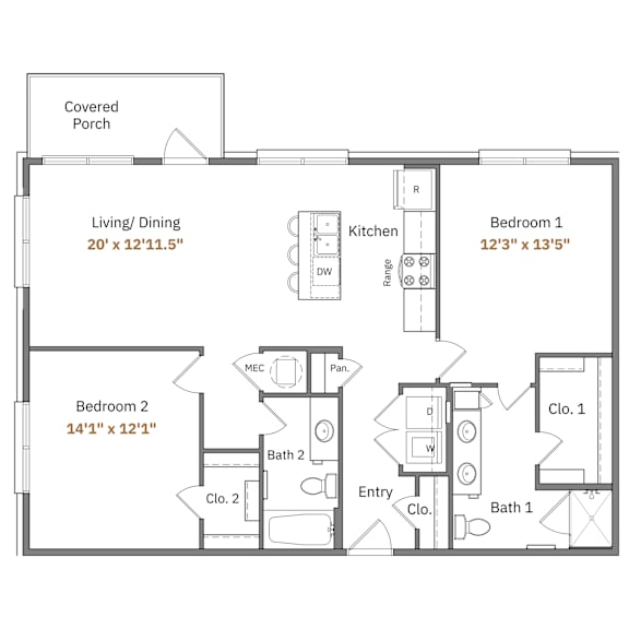 A floor plan of a house with a living room, two bedrooms, a kitchen, and a bathroom.