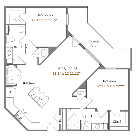 A floor plan of a home with three bedrooms, a living room, a dining room, a kitchen, a covered porch, and two bathrooms.