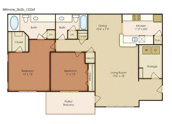 Biltmore 2 Bedroom 2 Bath Floorplan at Crestmark Apartment Homes, Georgia