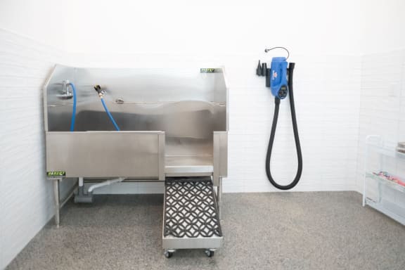 a stainless steel sink and a hose in a room with a dryer