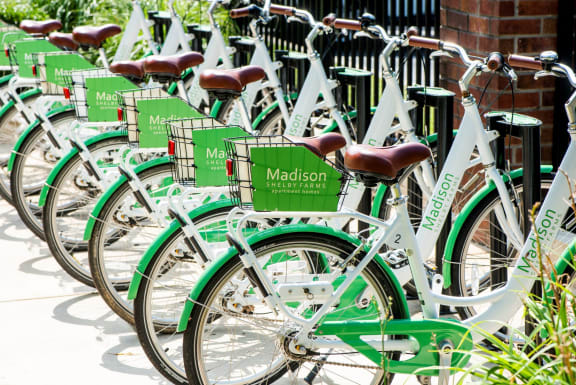 a row of green bikes parked in front of a building