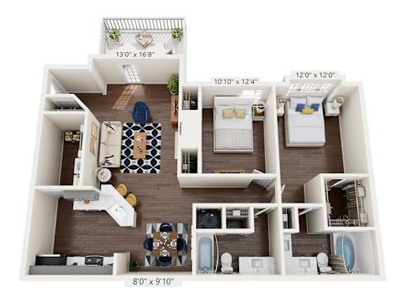 2Bedroom 2Bath Floor Plan at Bridgewater Apartments, Georgia