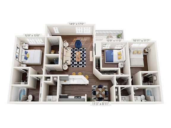 3Bd 3Bth Floor Plan at Bridgewater Apartments, Duluth, GA, 30096
