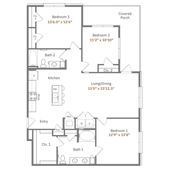 A floor plan of a house with three bedrooms, a kitchen, a living/dining area, and two bathrooms.