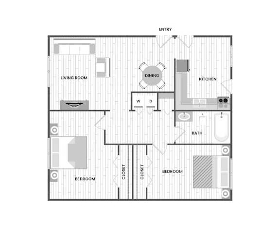 Floor Plan  A black and white floor plan of a house with a living room, dining room, kitchen, two bedrooms, a bath, and a closet.