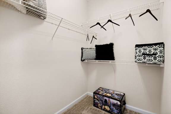 Walk-in closet with wire shelving and hangers at Alden Place at South Square Apartments, Durham, North Carolina