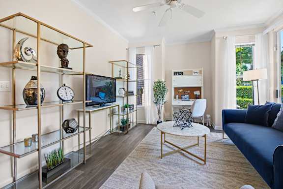 Living room with gold shelving and navy sofa at Alden Place at South Square Apartments, Durham, North Carolina