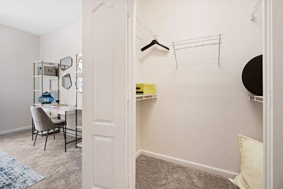 Spacious walk-in closet with wire shelving at Alden Place at South Square Apartments, North Carolina, 27707
