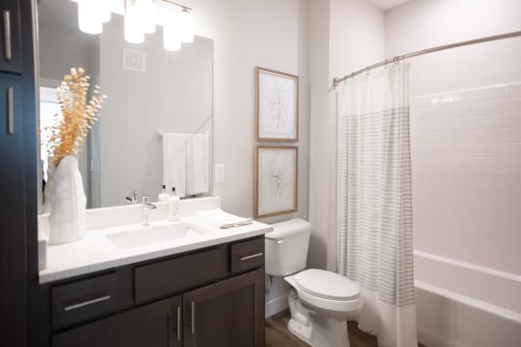 a bathroom with a toilet sink and bathtub in a 555 waverly unit  at City Place, Memphis, Tennessee