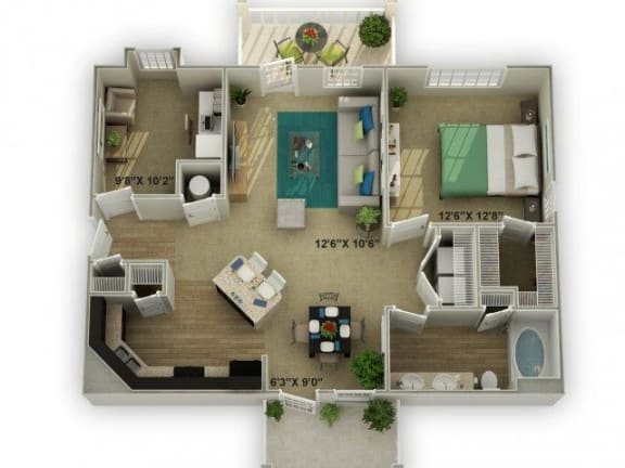 1 bed 1 bath Cottage with Garage Floor Plan at Legends at Chatham Apartments, Savannah