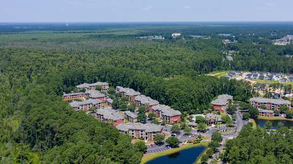 A bird's eye view of a residential area surrounded by greenery.