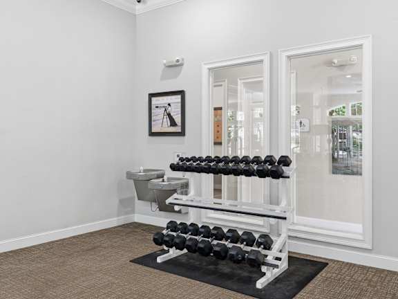 A black and white photo is hanging on a white wall above a rack of black dumbbells.