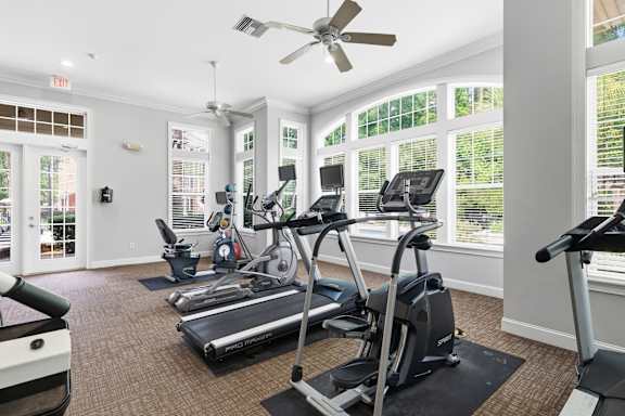 A gym with treadmills, elliptical machines, and a fan.
