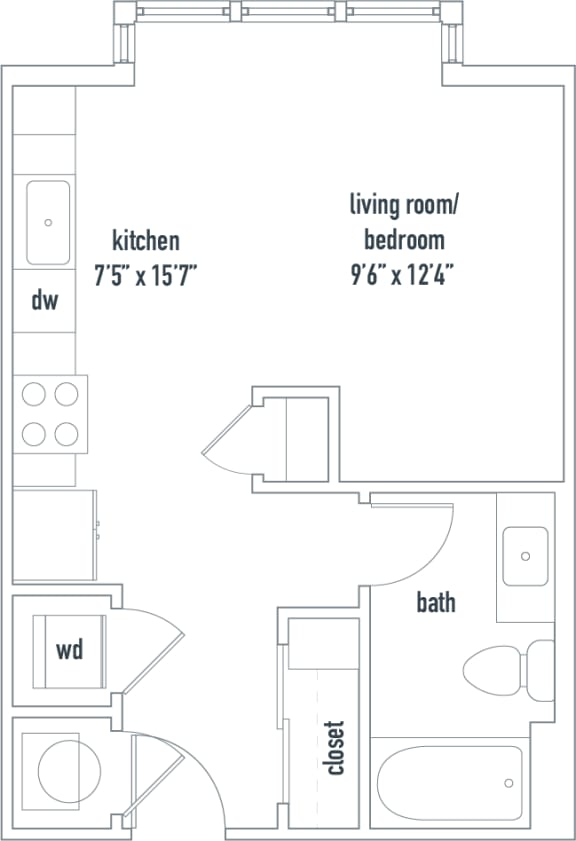 Mariposa floorplan studio 1 bath 453 sq ft The Darmouth North Hills Apartments Raleigh NC 27609