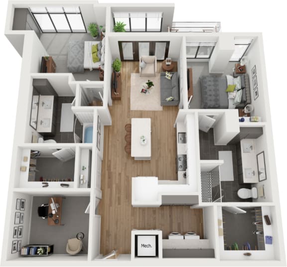 2 bedroom 2 bathroom floor plan E at Deca Apartments, Greenville