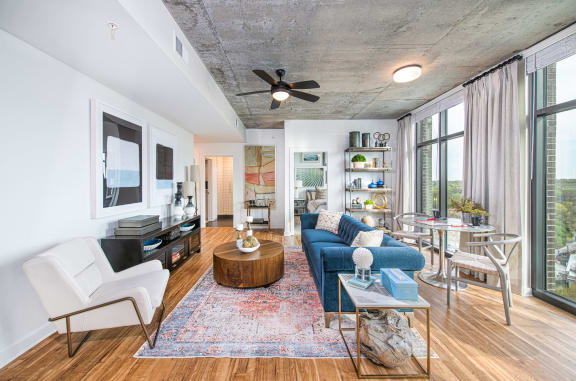 Model Living room at Deca Apartments, Greenville, SC, 29601