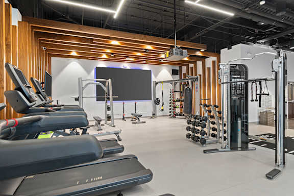 a gym with treadmills and weights and a tv on the wall at Deca Apartments, South Carolina