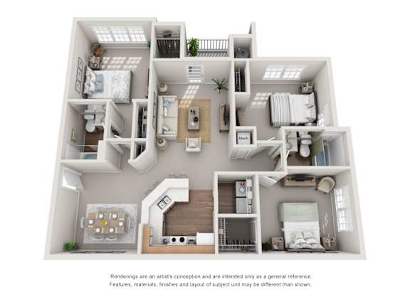 The Northwestern Three Bedroom Two Bathroom Floorplan at Enclave at Wolfchase Apartments, Memphis, TN
