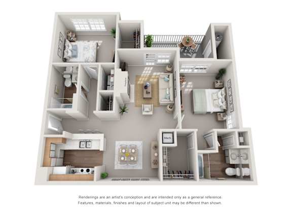 The Timber Two Bedroom Two Bathroom Floorplan at Enclave at Wolfchase Apartments, Memphis, TN 38016