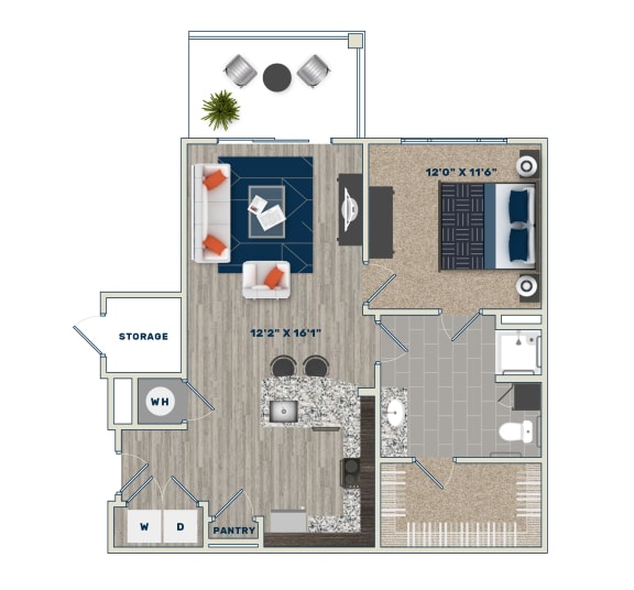1 Bedroom 1 Bath Floor Plan at Fifth Street Place Apartments, Charlottesville
