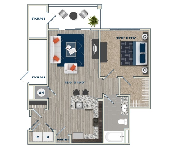 A1A Floor Plan at Fifth Street Place Apartments, Charlottesville, Virginia