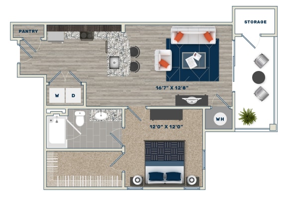 1 Bed 1 Bath Floor Plan at Fifth Street Place Apartments, Charlottesville, VA