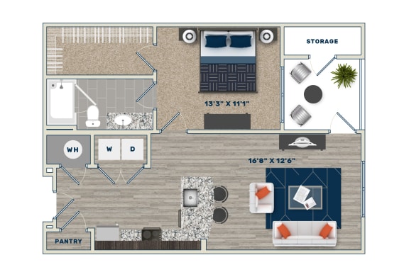 1 Bedroom 1 Bathroom Floor Plan at Fifth Street Place Apartments, Charlottesville