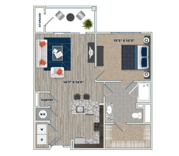 1 Bedroom Floor Plan at Fifth Street Place Apartments, Charlottesville, 22903