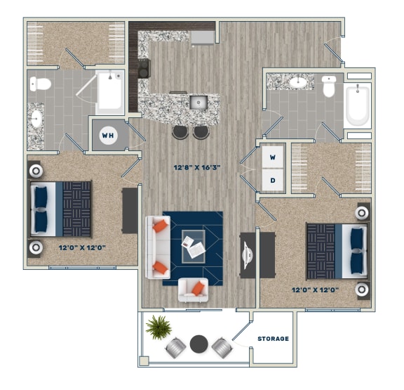 B2B Floor Plan at Fifth Street Place Apartments, Virginia, 22903