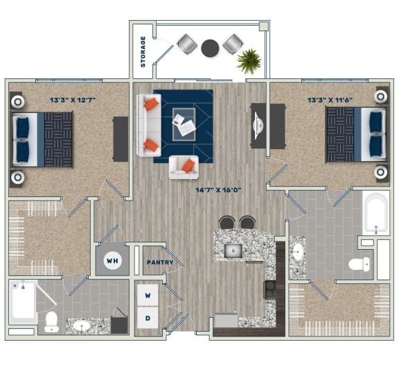 B2D Floor Plan at Fifth Street Place Apartments, Charlottesville, VA