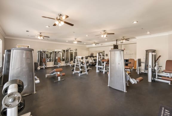 the gym has a variety of weights and cardio equipment  at Arlo Luxury homes Apartments, Arkansas