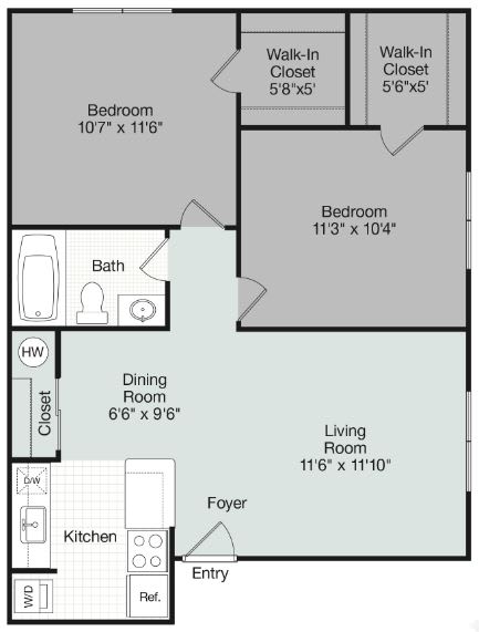 Floor Plan  2 bed 2 bath A&#xA0;at Brightwaters Apartments, Little Rock, AR