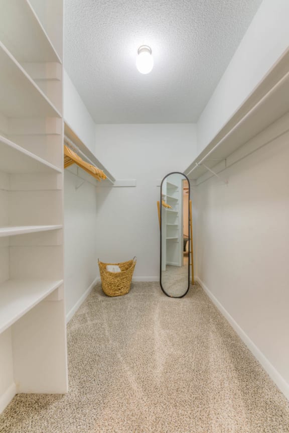 a walk in closet with shelves and a mirror&#xA0;at Brightwaters Apartments, Little Rock, 72202