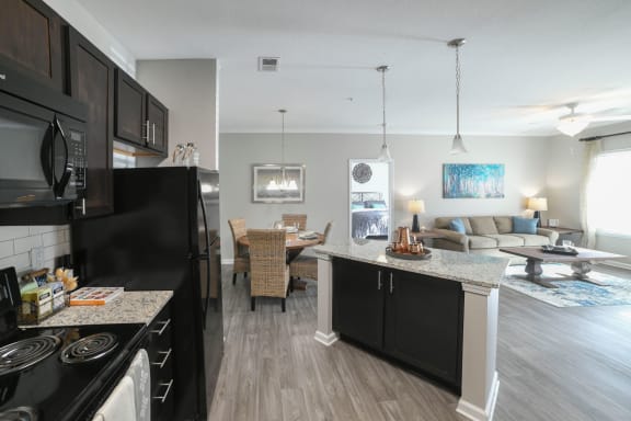 an open kitchen and living room with a couch and a table at Legends at Chatham Apartments, Savannah