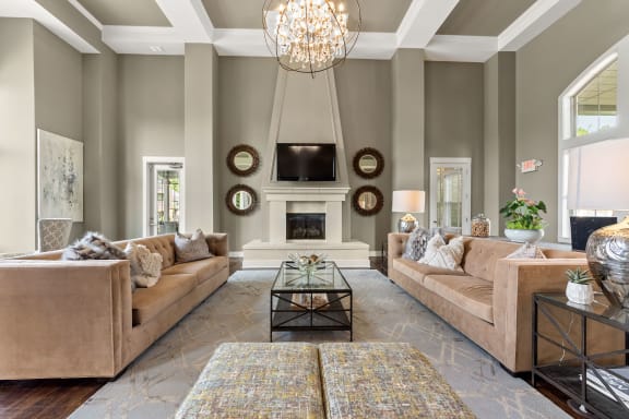 a living room with two couches and a fireplace at The Ridge at Chenal Valley, Arkansas