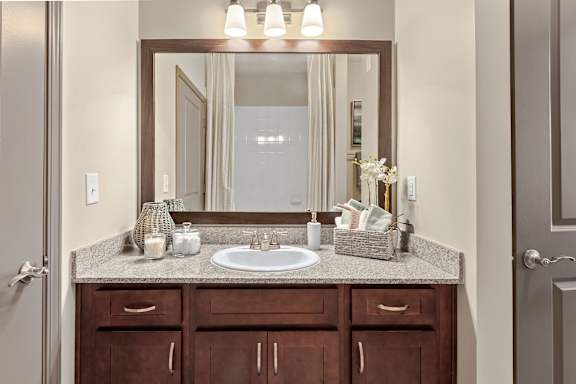 a bathroom with a sink and a mirror