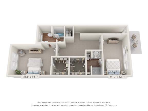 2 Bedroom 2 Bathroom Floor Plan at The One at Spartanburg, Spartanburg, SC, South Carolina, 29303