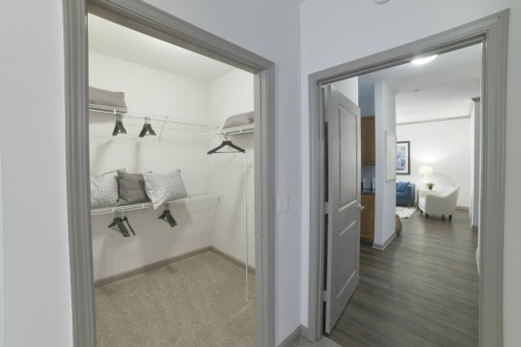 a bedroom with a closet and a mirror