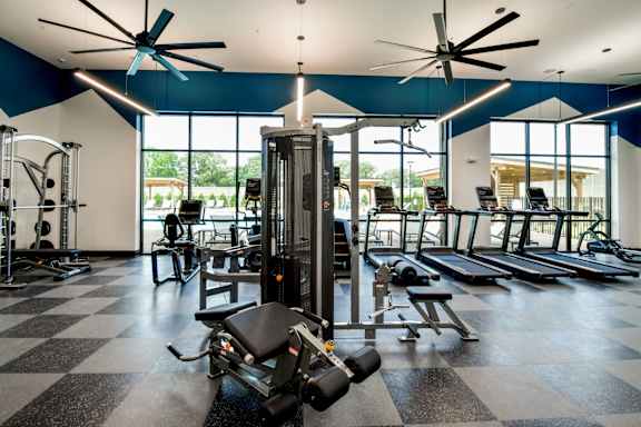 A gym with a variety of equipment including treadmills, weights, and a bench press.
