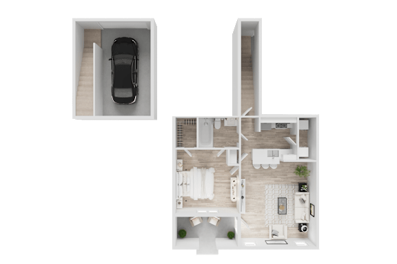 A car is parked in a garage attached to a house.