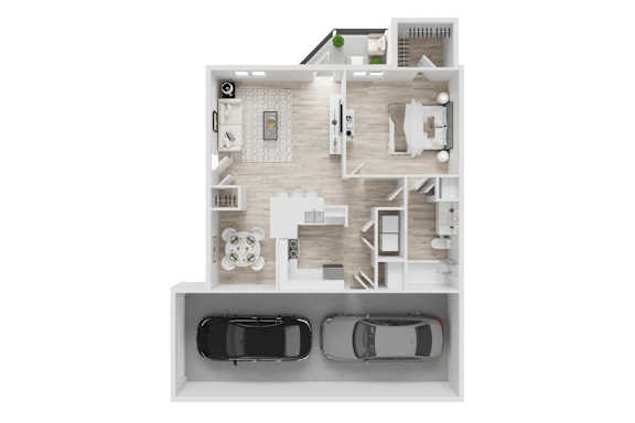A detailed 3D floor plan of a house with a garage.