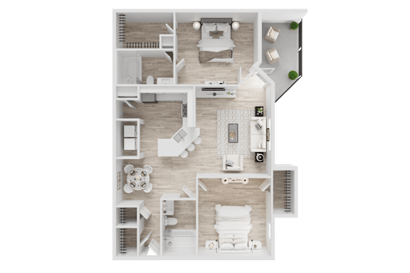 A top-down view of a house layout with a kitchen, living room, and bedrooms.