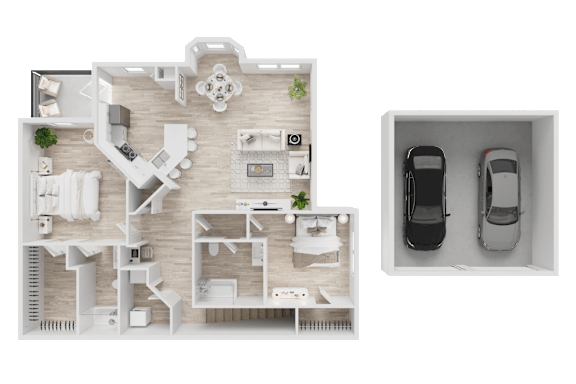 A top-down view of a house layout with a garage.