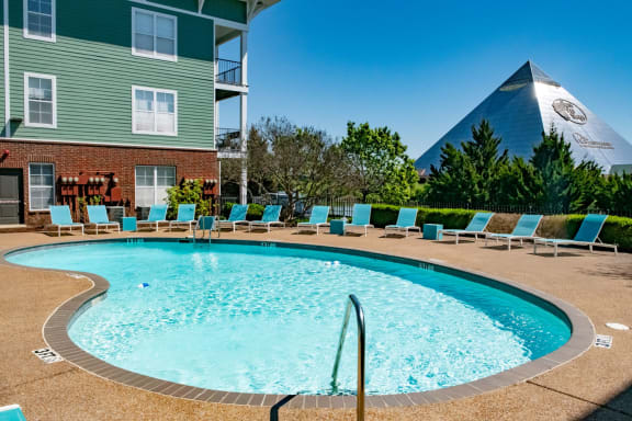 Pool and sundeck overlooking pyramid at Grand Island Apartments in Memphis TN 38103